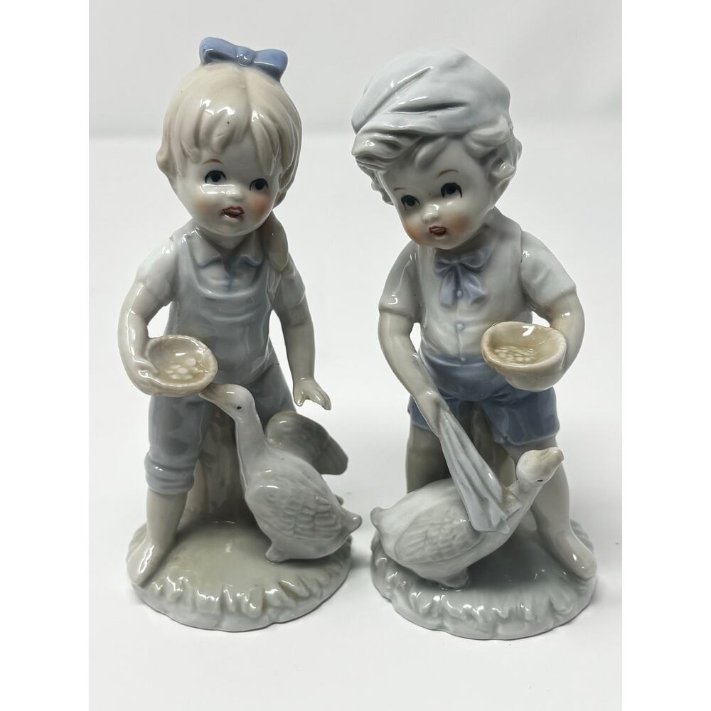 Porcelain Children Feeding Geese Figurines – Boy & Girl Set – Pastel Gray Blue